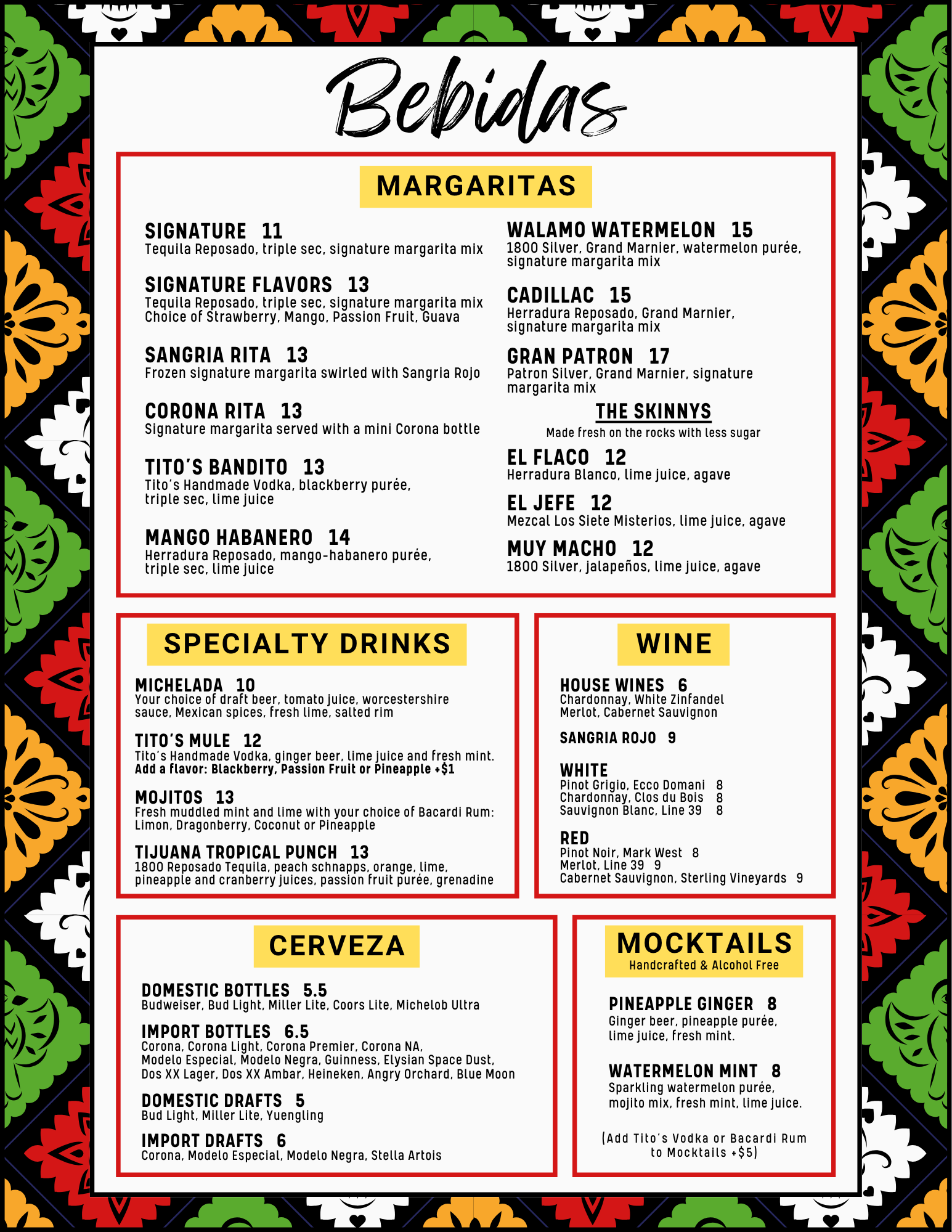All Store Drink Menu, Tijuana Taxi Co, Davie, Coral Springs, Deerfield Beach