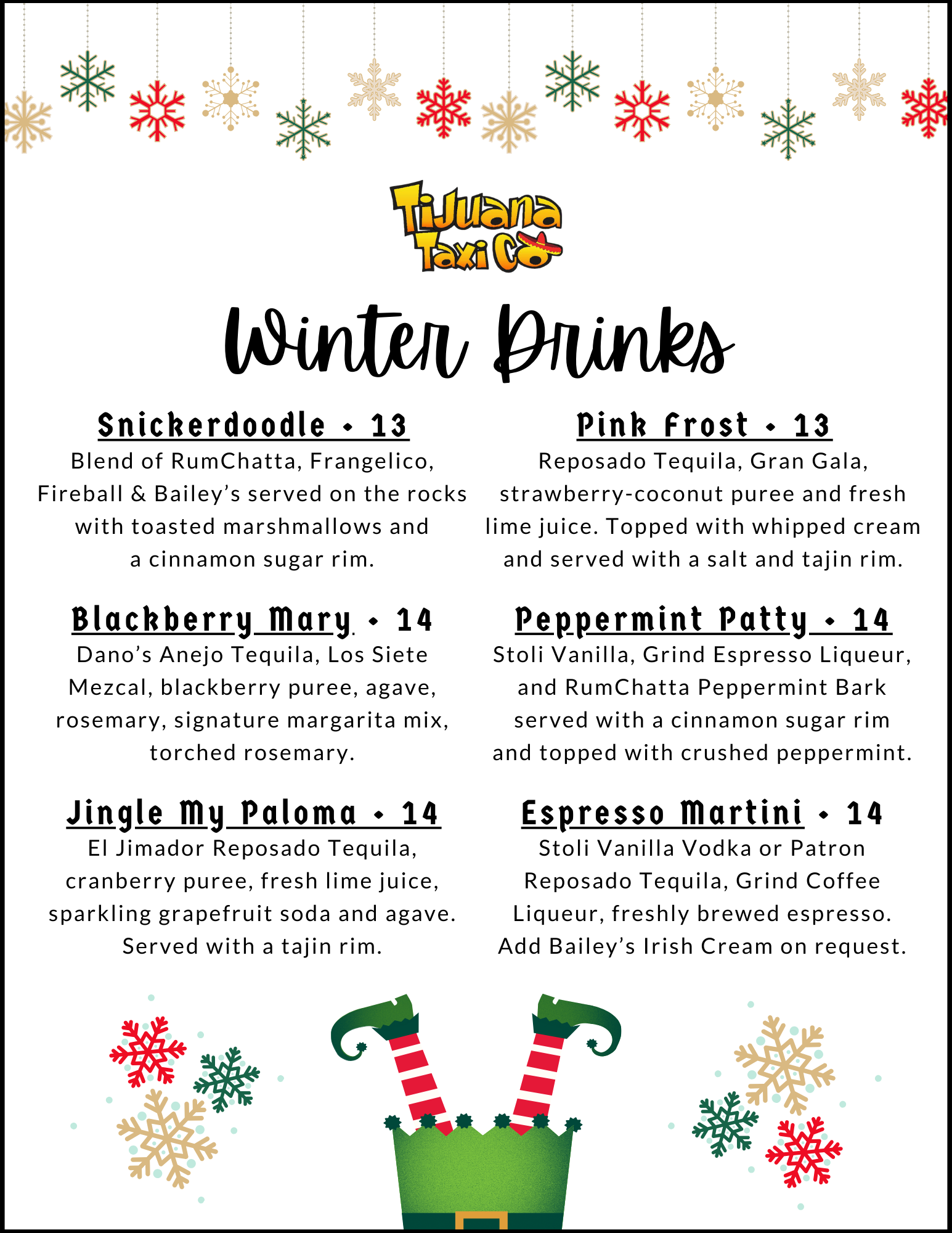 Tijuana Taxi Winter Drink Menu 2025 