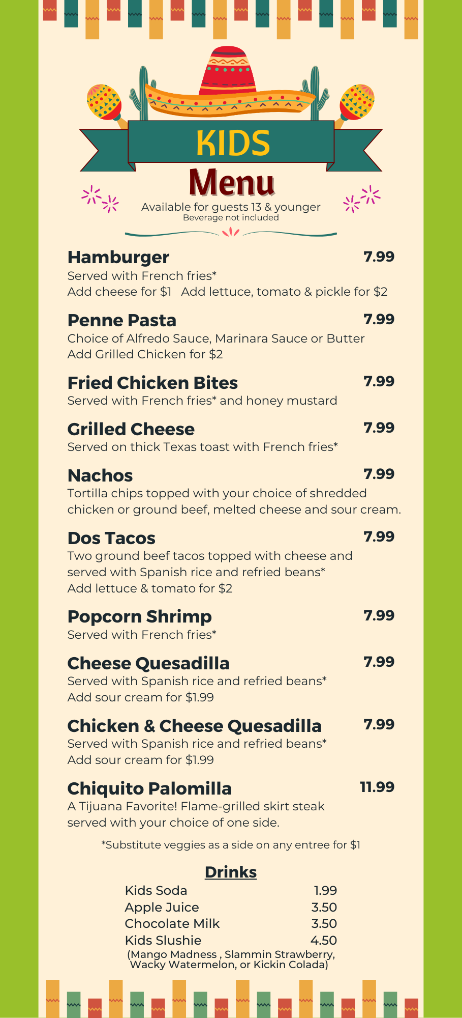 Kids Menu, tijuana taxi co, davie, coral springs, deerfield beach