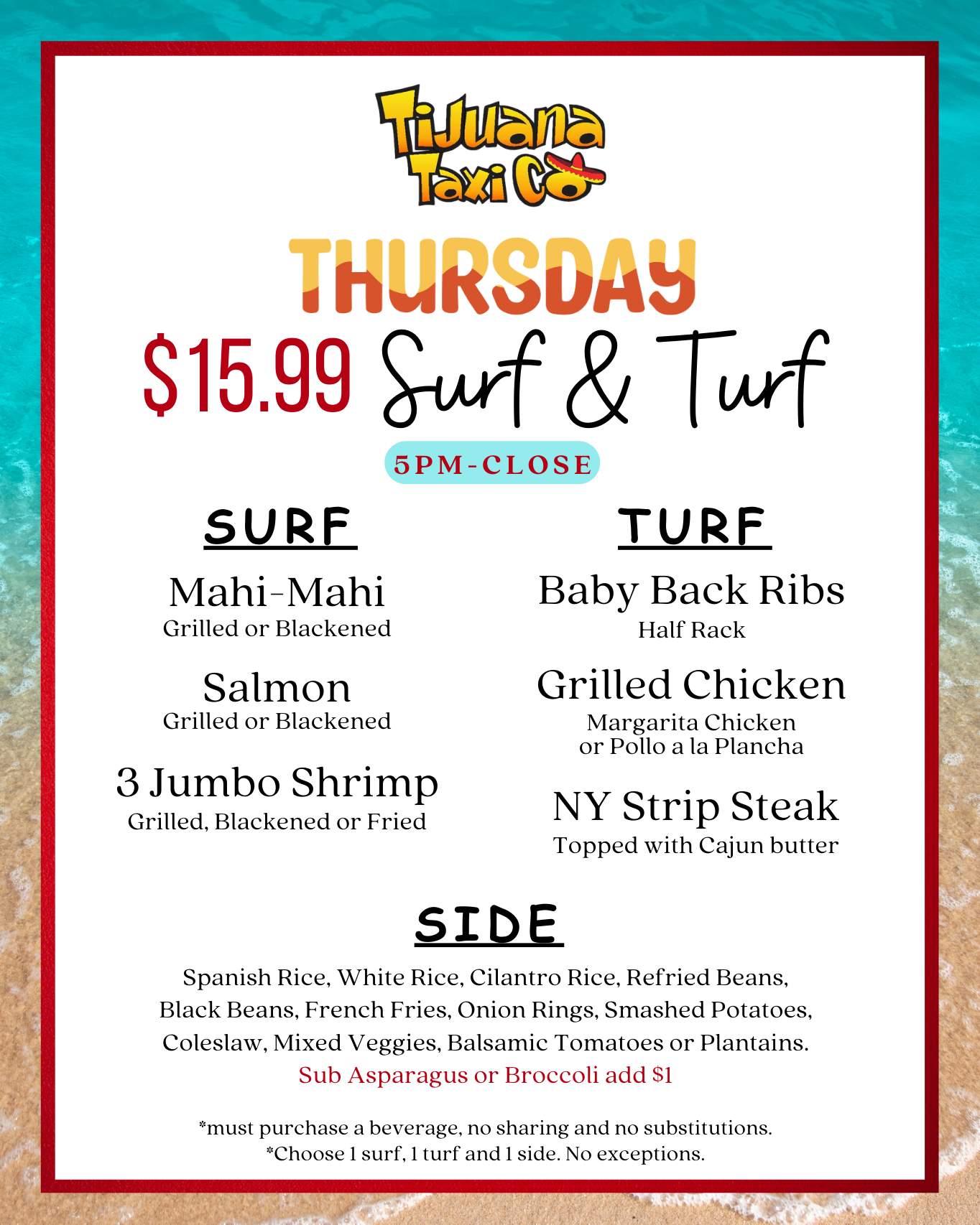 Surf and Turf, thursday special, tijuana taxi