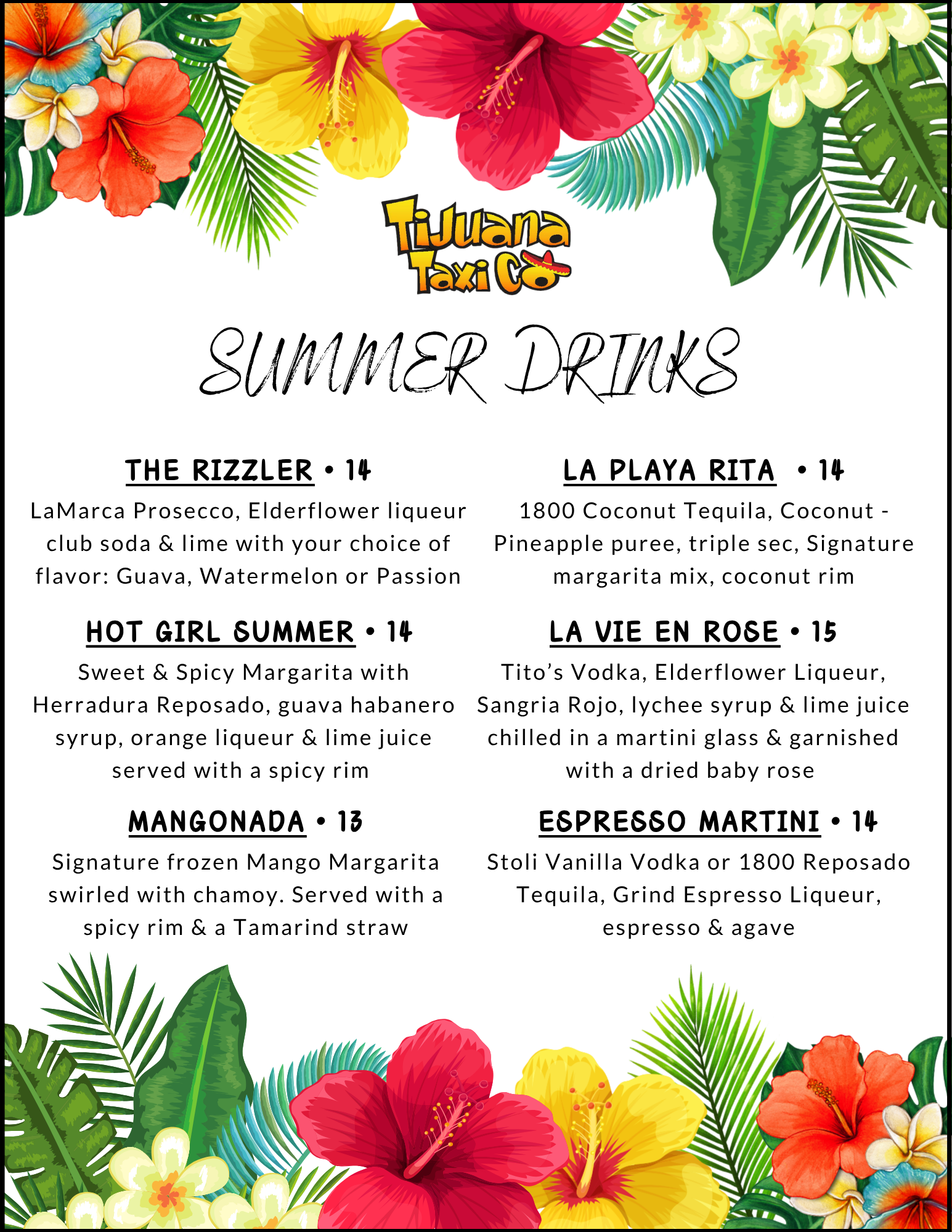 Davie Summer Drink Menu, Tijuana Taxi, Margaritas